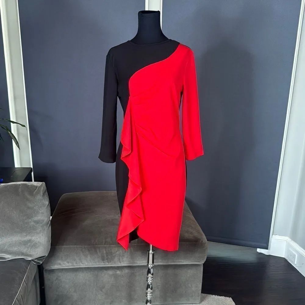 Womens Black & Red Asymmetrical Ruffled Front Midi Dress 3/4 Sleeve Size 2XL NEW